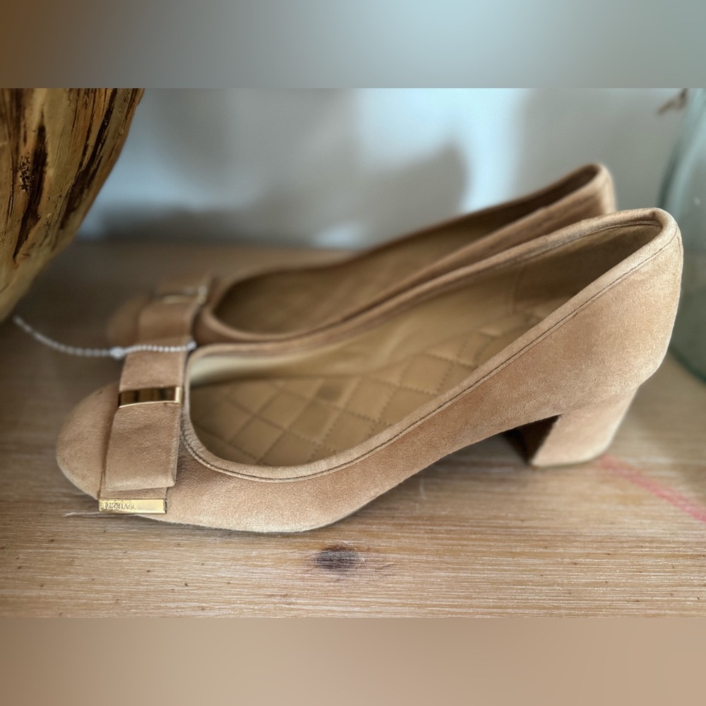 Michael Kors Camel Suede Block Heel Pumps Bow Detail Round Toe Classic Work Chic - Picture 6 of 7